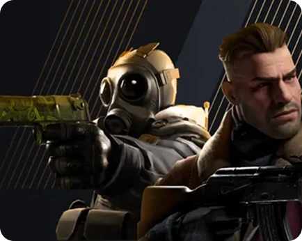 Twee personages: de ene draagt een gasmasker en heeft een pistool met groene patronen, de andere heeft gestyled haar en houdt een geweer vast. De achtergrond is donker en heeft diagonale strepen