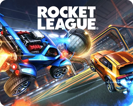 Omslag voor de videogame Rocket League. Een blauwe en een gele auto, beide met straalmotoren, jagen op een gigantische voetbal op een futuristisch veld. Energiek en dynamisch