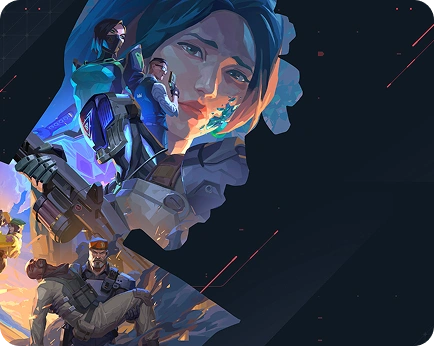 Gestileerde illustratie met personages uit een videogame. Een opvallende centrale figuur met blauw haar kijkt naar buiten, omringd door actiescènes. De sfeer is dynamisch en intens